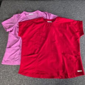 Resurge Women XL Scrub Tops Bundle Red Crew Neck Orchid Pink V-Neck 2pk